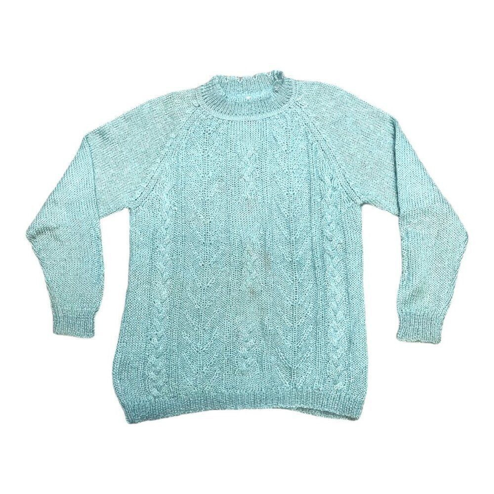 Michelle Stuart Blue Vintage Mohair Wool & Acrylic Sweater Small Cable Knit SEE